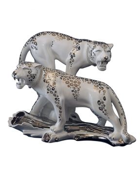 Ceramic couple of leopards on trunk platinum white - Ceramiche Boxer