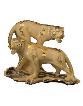 Ceramic couple of leopards on trunk cream and gold - Ceramiche Boxer