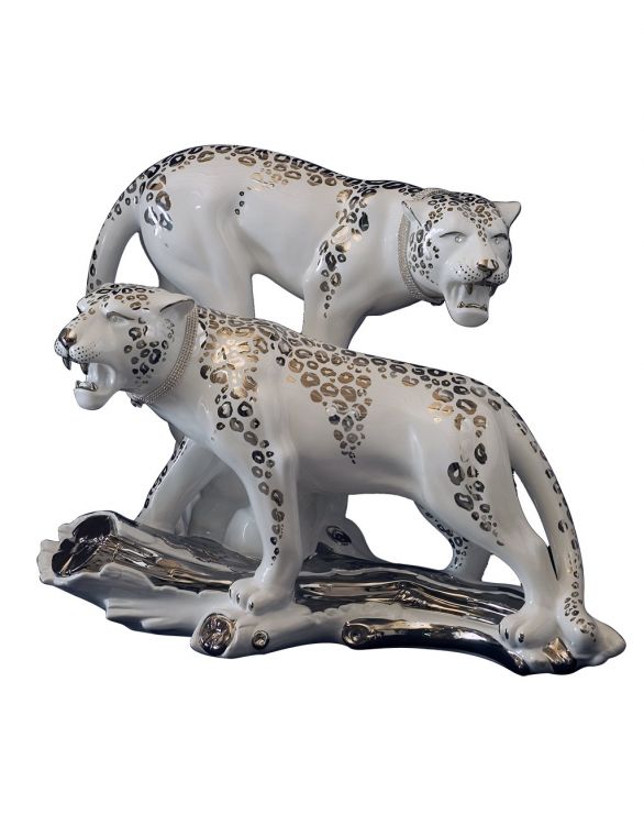 Ceramic couple of leopards on trunk platinum white - Ceramiche Boxer
