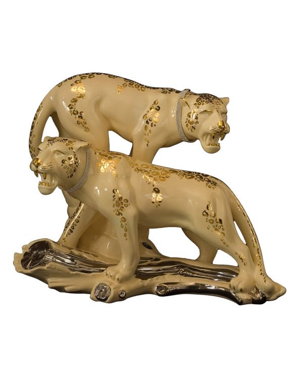 Ceramic couple of leopards on trunk cream and gold - Ceramiche Boxer