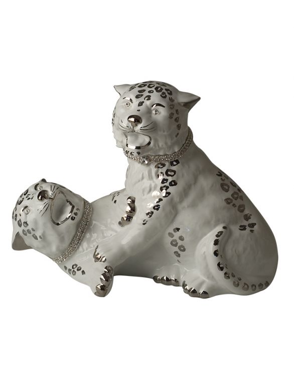 Ceramic couple of leopards platinum white - Ceramiche Boxer