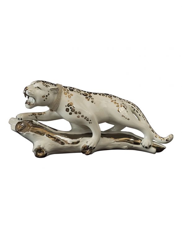 Leopardo in ceramica su tronco bianco platino - Ceramiche Boxer