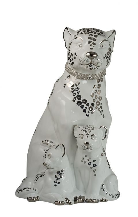 Leopardo in ceramica con cuccioli bianco platino - Ceramiche Boxer