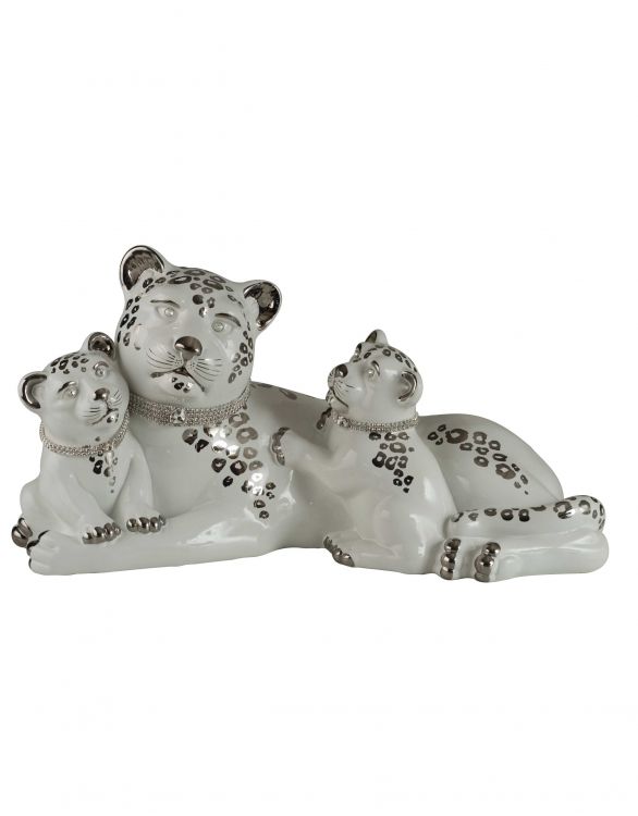 Ceramic leopard lied down with cubs platinum white - Ceramiche Boxer
