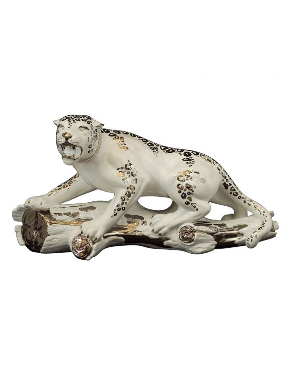 Leopardo in ceramica su tronco bianco e oro - Ceramiche Boxer