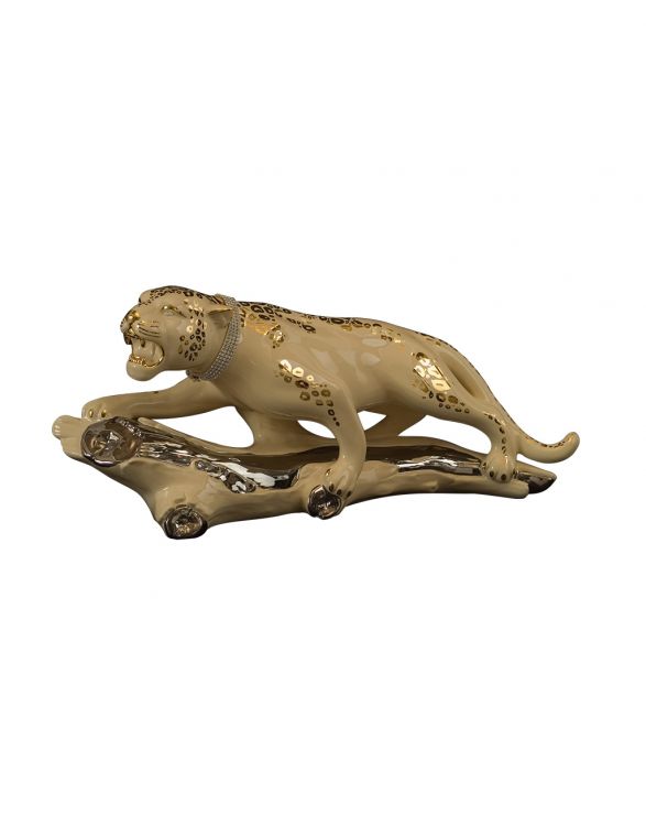 Leopardo in ceramica su tronco crema e oro - Ceramiche Boxer